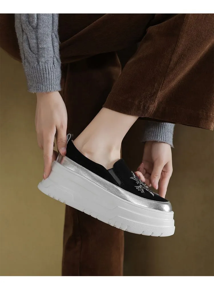 Spring Beaded Platform Loafers Women's Genuine Leather Shoes, British Style, High Heels, Slip-on Shoes