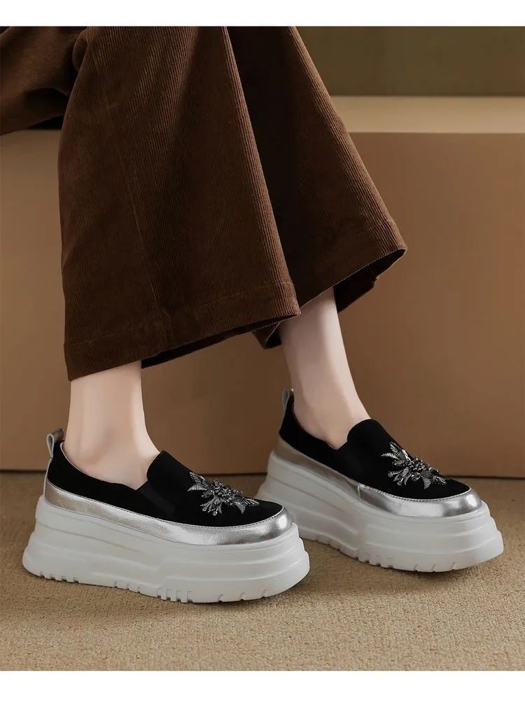 Spring Beaded Platform Loafers Women's Genuine Leather Shoes, British Style, High Heels, Slip-on Shoes
