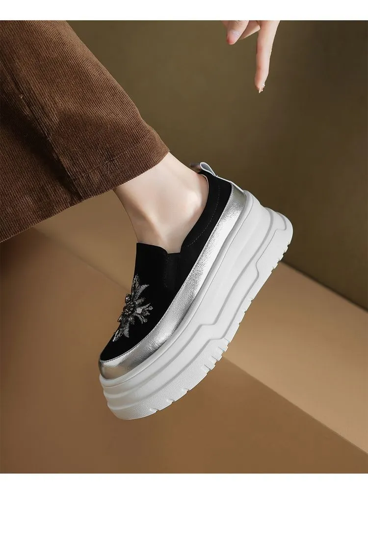 Spring Beaded Platform Loafers Women's Genuine Leather Shoes, British Style, High Heels, Slip-on Shoes
