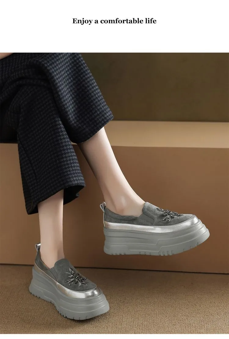 Spring Beaded Platform Loafers Women's Genuine Leather Shoes, British Style, High Heels, Slip-on Shoes