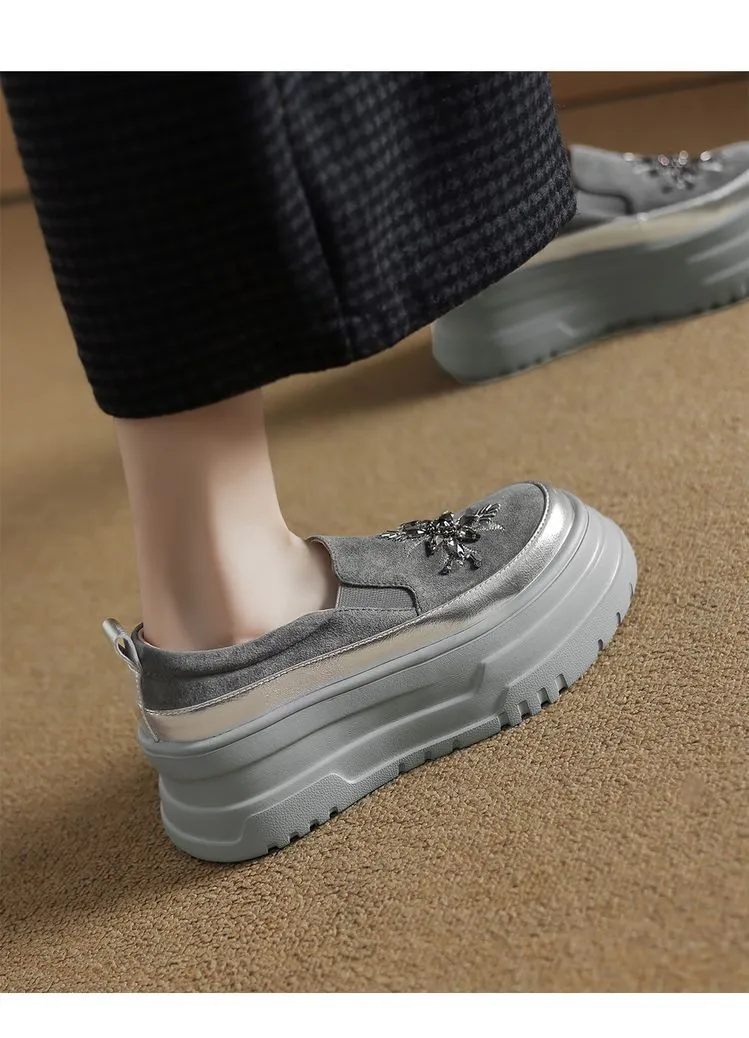 Spring Beaded Platform Loafers Women's Genuine Leather Shoes, British Style, High Heels, Slip-on Shoes