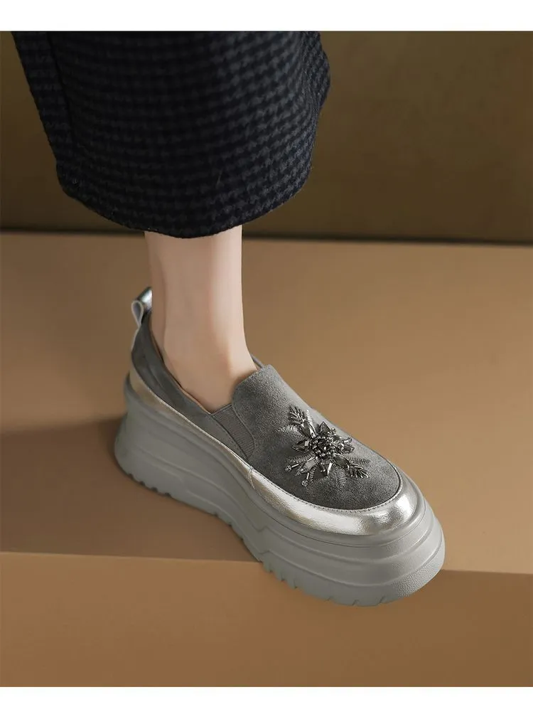 Spring Beaded Platform Loafers Women's Genuine Leather Shoes, British Style, High Heels, Slip-on Shoes