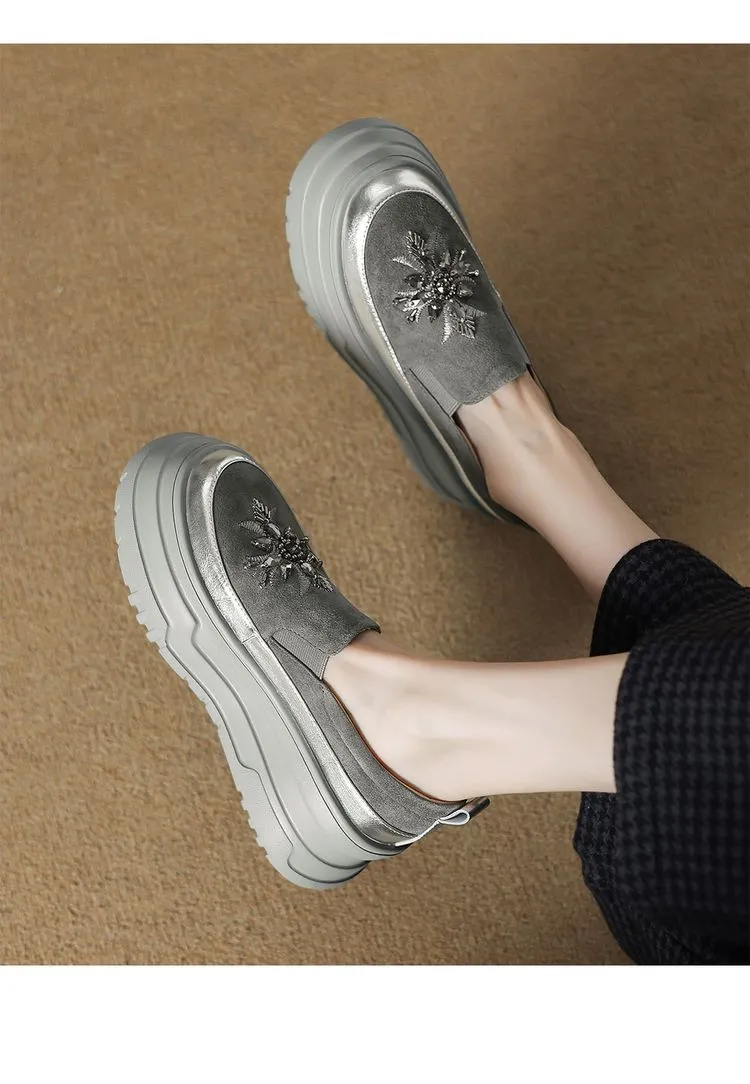 Spring Beaded Platform Loafers Women's Genuine Leather Shoes, British Style, High Heels, Slip-on Shoes