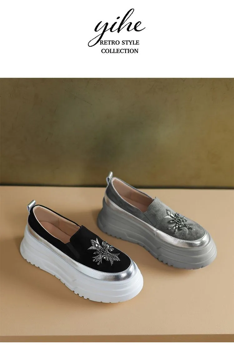 Spring Beaded Platform Loafers Women's Genuine Leather Shoes, British Style, High Heels, Slip-on Shoes