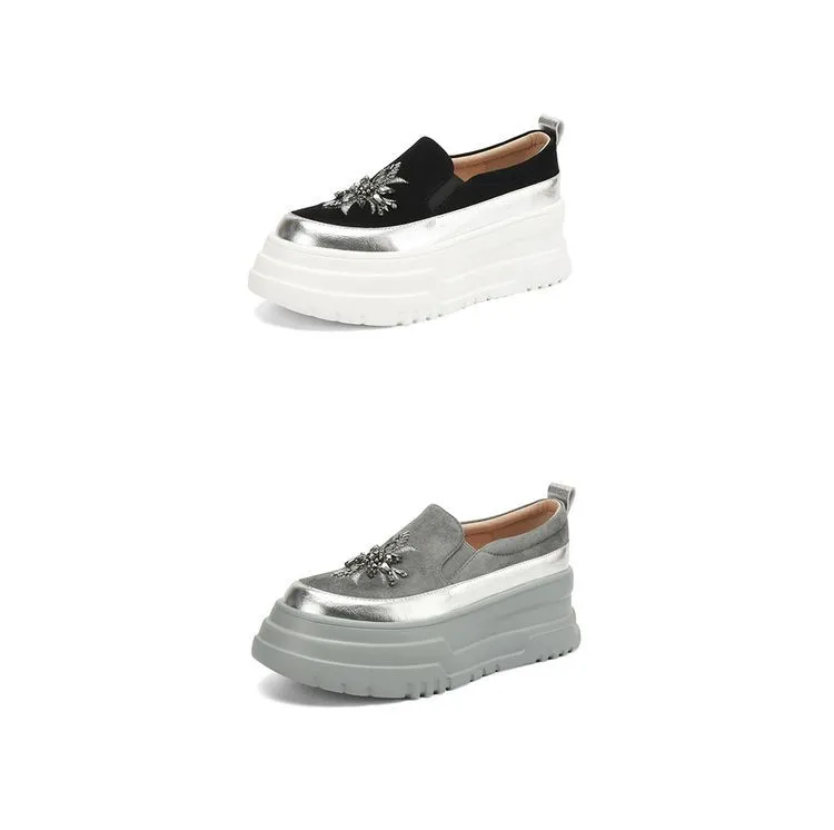 Spring Beaded Platform Loafers Women's Genuine Leather Shoes, British Style, High Heels, Slip-on Shoes