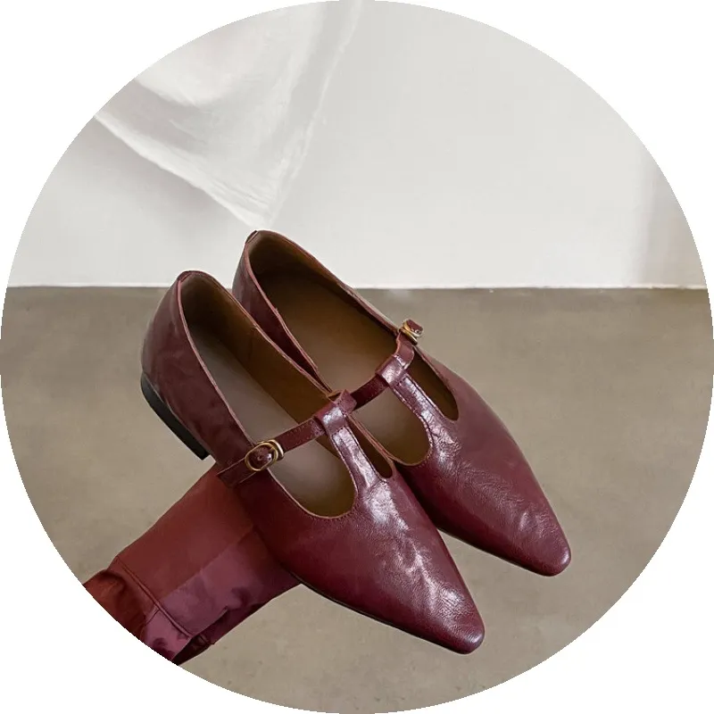 Retro burgundy spring and autumn T-strap flat Mary Jane shoes, sheepskin pointed toe low heel single shoes for women