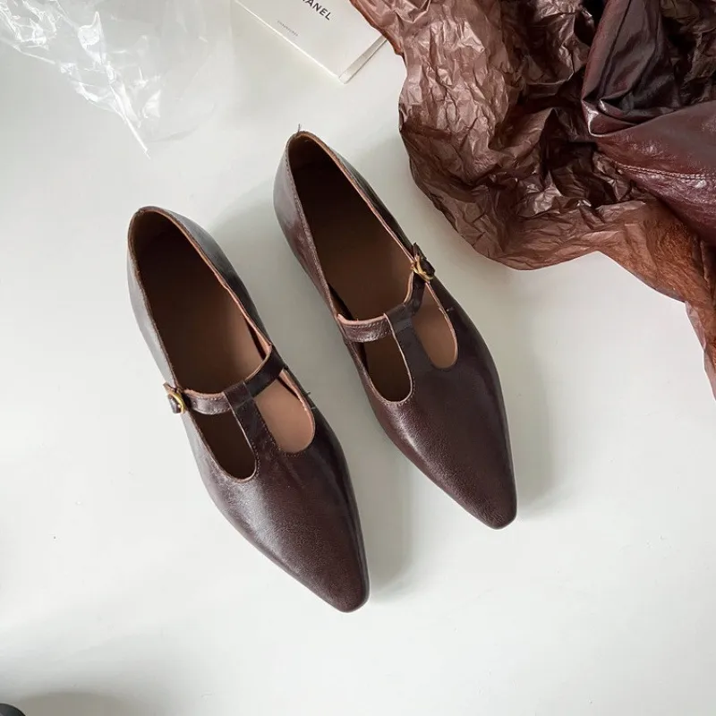 Retro burgundy spring and autumn T-strap flat Mary Jane shoes, sheepskin pointed toe low heel single shoes for women