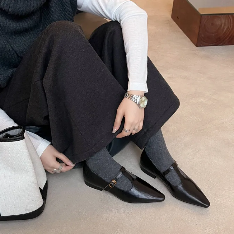 Retro burgundy spring and autumn T-strap flat Mary Jane shoes, sheepskin pointed toe low heel single shoes for women