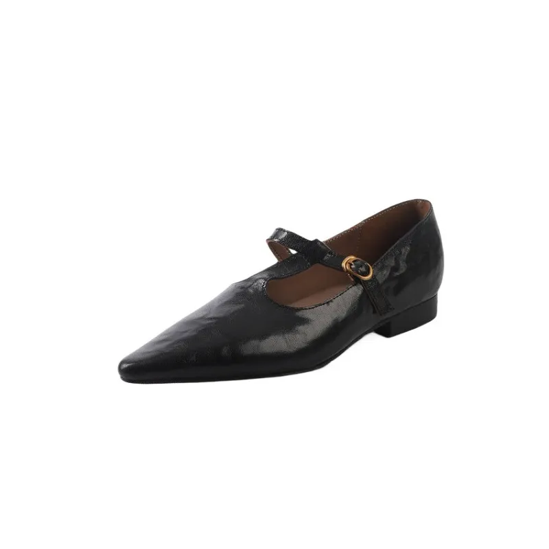 Retro burgundy spring and autumn T-strap flat Mary Jane shoes, sheepskin pointed toe low heel single shoes for women
