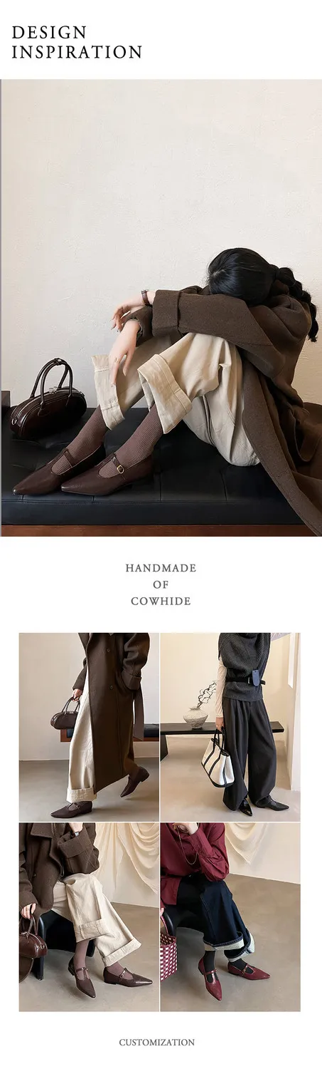 Retro burgundy spring and autumn T-strap flat Mary Jane shoes, sheepskin pointed toe low heel single shoes for women