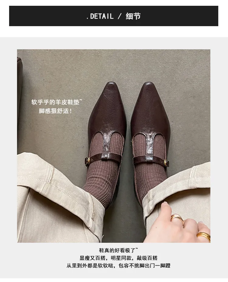 Retro burgundy spring and autumn T-strap flat Mary Jane shoes, sheepskin pointed toe low heel single shoes for women
