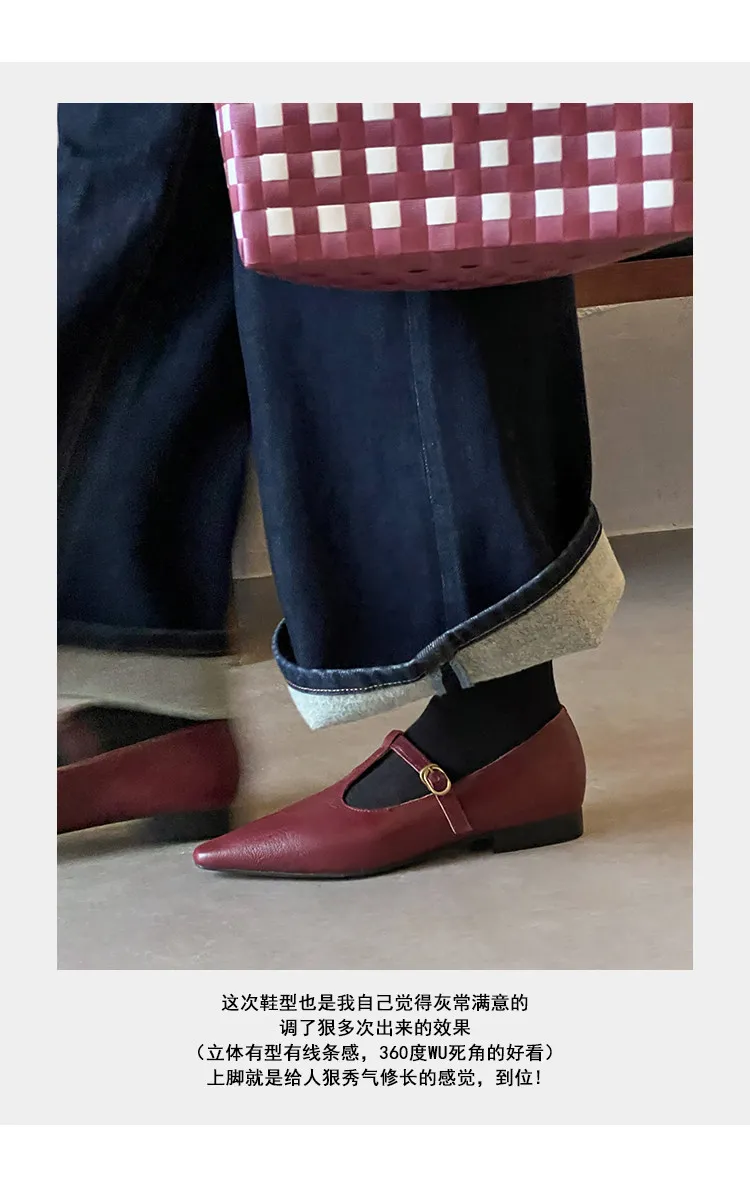 Retro burgundy spring and autumn T-strap flat Mary Jane shoes, sheepskin pointed toe low heel single shoes for women