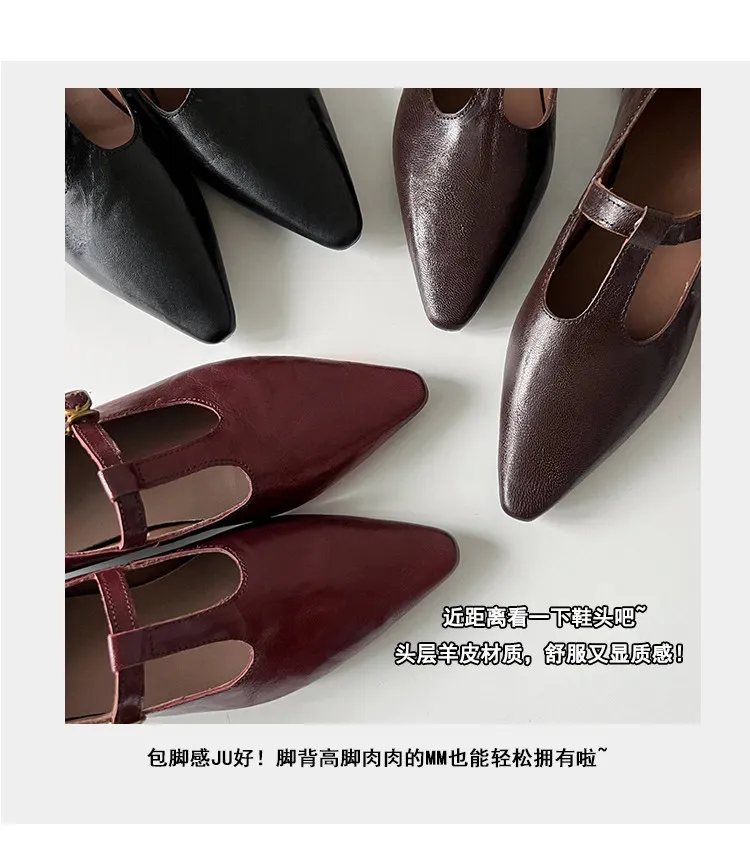 Retro burgundy spring and autumn T-strap flat Mary Jane shoes, sheepskin pointed toe low heel single shoes for women