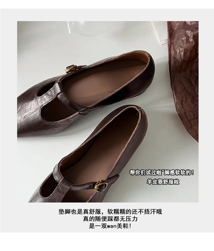 Retro burgundy spring and autumn T-strap flat Mary Jane shoes, sheepskin pointed toe low heel single shoes for women