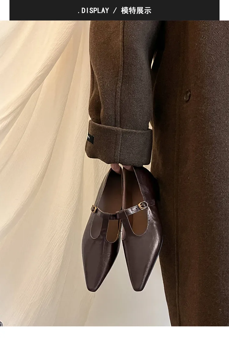 Retro burgundy spring and autumn T-strap flat Mary Jane shoes, sheepskin pointed toe low heel single shoes for women