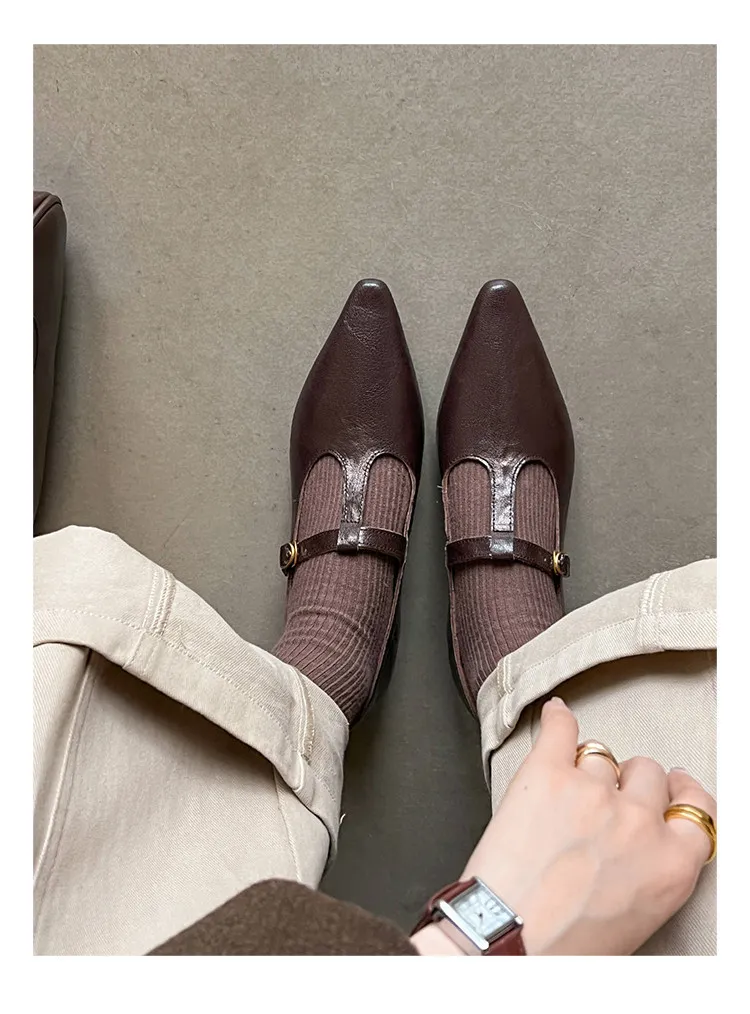 Retro burgundy spring and autumn T-strap flat Mary Jane shoes, sheepskin pointed toe low heel single shoes for women