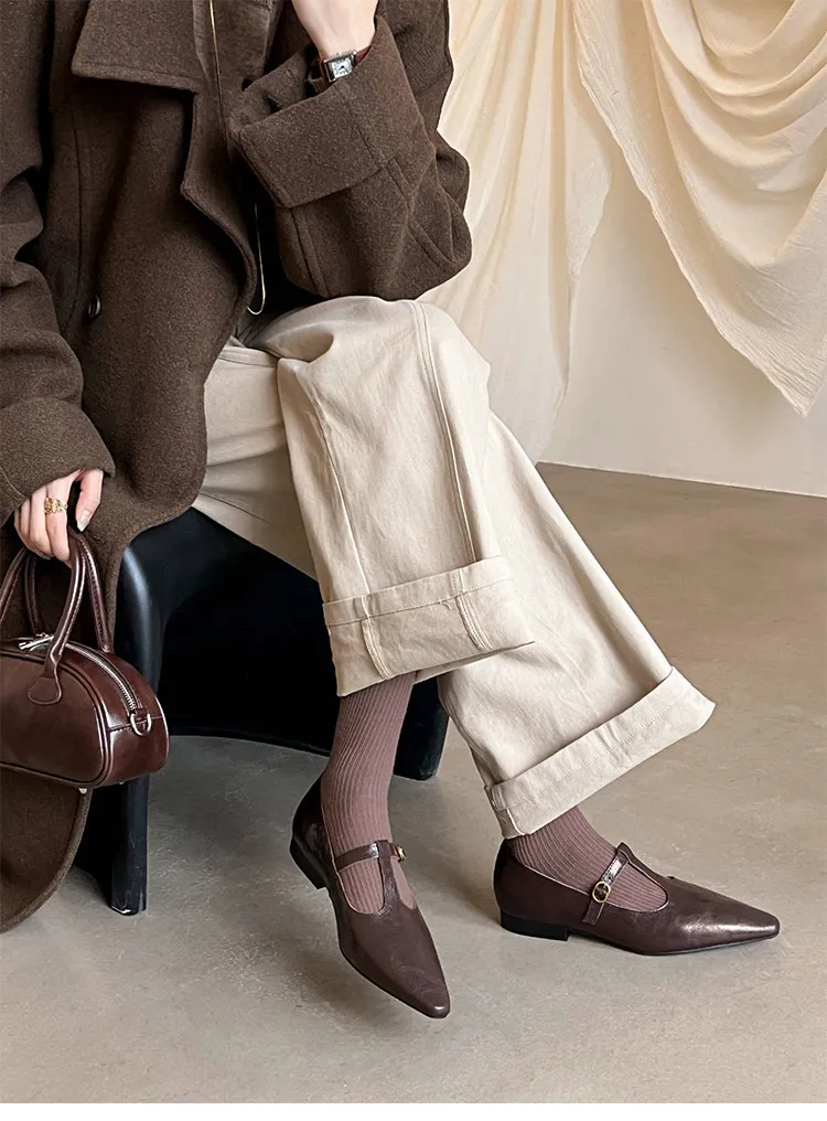 Retro burgundy spring and autumn T-strap flat Mary Jane shoes, sheepskin pointed toe low heel single shoes for women
