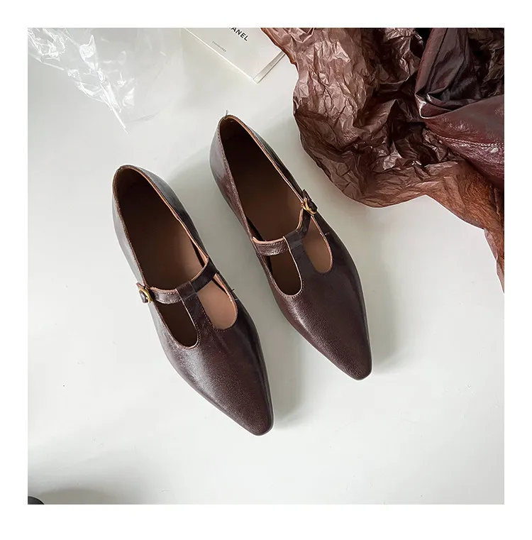 Retro burgundy spring and autumn T-strap flat Mary Jane shoes, sheepskin pointed toe low heel single shoes for women