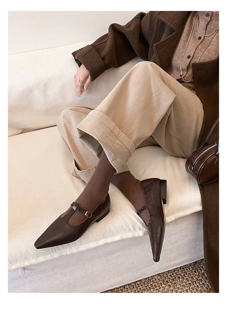 Retro burgundy spring and autumn T-strap flat Mary Jane shoes, sheepskin pointed toe low heel single shoes for women