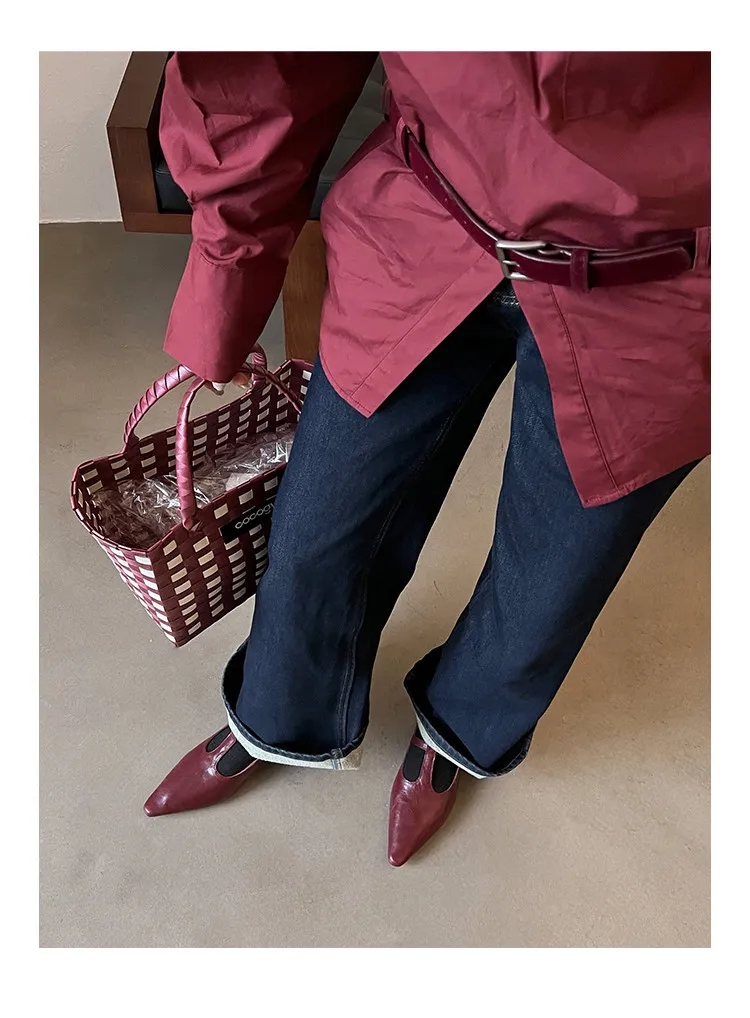 Retro burgundy spring and autumn T-strap flat Mary Jane shoes, sheepskin pointed toe low heel single shoes for women