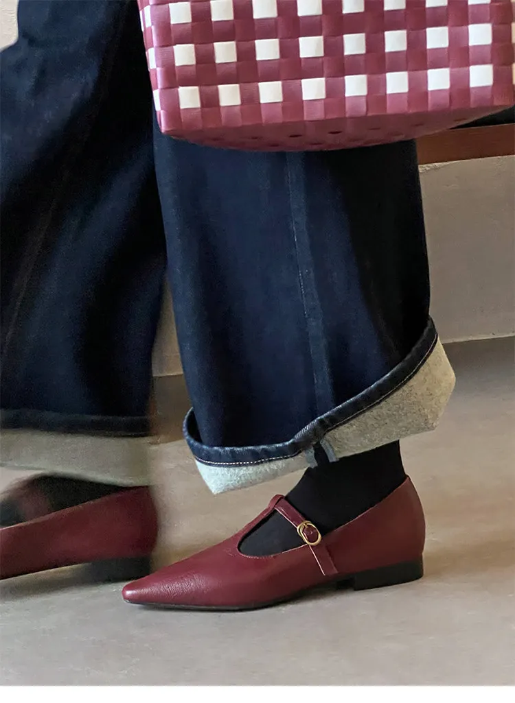 Retro burgundy spring and autumn T-strap flat Mary Jane shoes, sheepskin pointed toe low heel single shoes for women
