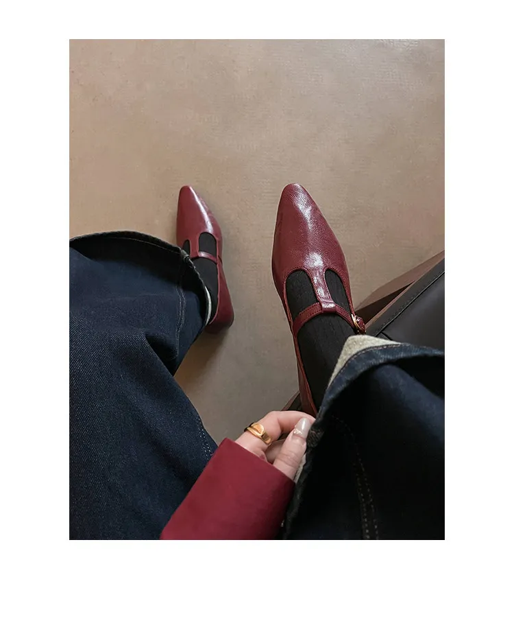 Retro burgundy spring and autumn T-strap flat Mary Jane shoes, sheepskin pointed toe low heel single shoes for women