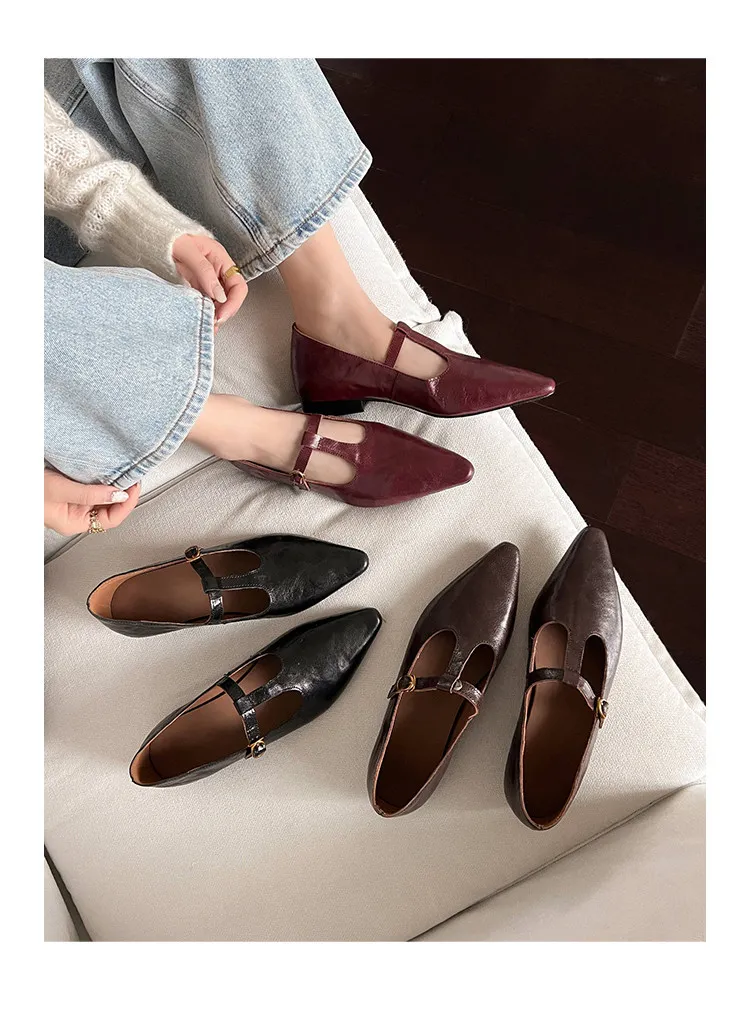 Retro burgundy spring and autumn T-strap flat Mary Jane shoes, sheepskin pointed toe low heel single shoes for women