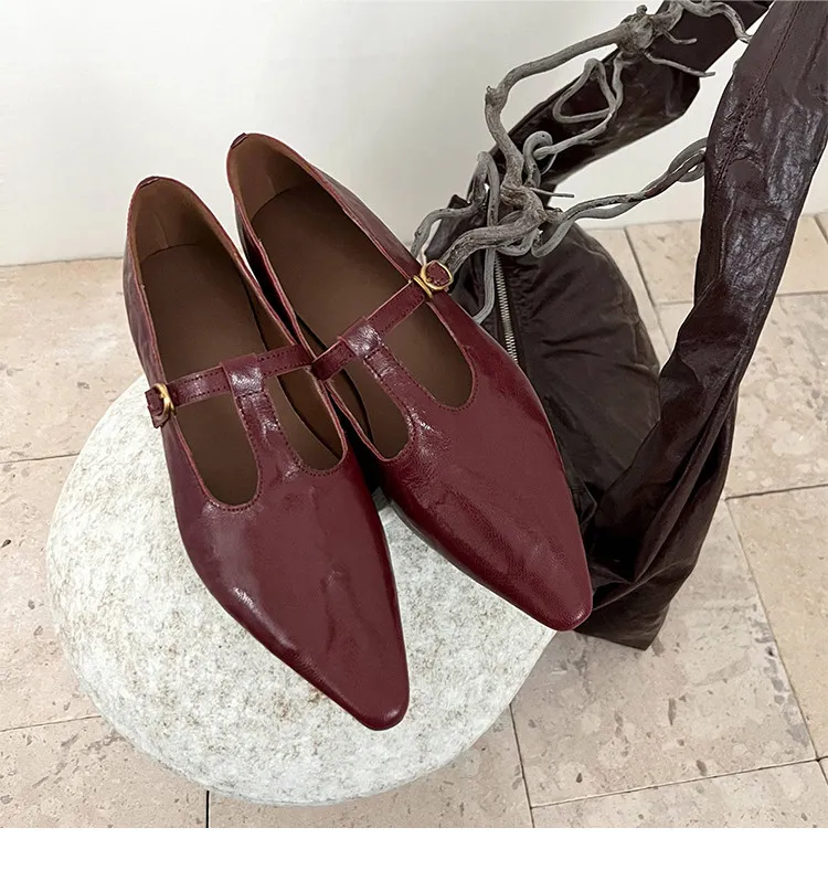 Retro burgundy spring and autumn T-strap flat Mary Jane shoes, sheepskin pointed toe low heel single shoes for women
