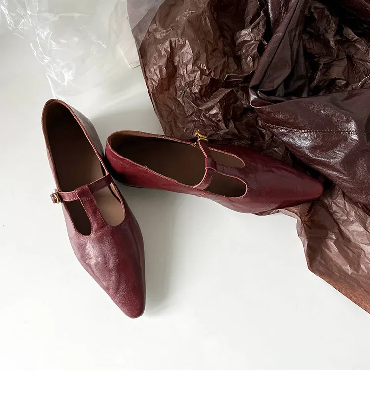 Retro burgundy spring and autumn T-strap flat Mary Jane shoes, sheepskin pointed toe low heel single shoes for women