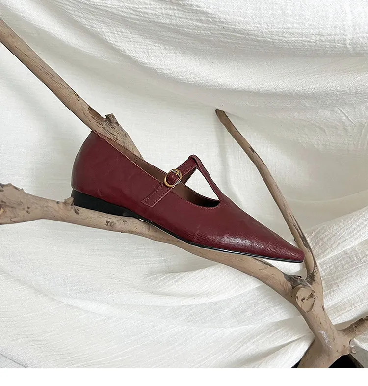 Retro burgundy spring and autumn T-strap flat Mary Jane shoes, sheepskin pointed toe low heel single shoes for women