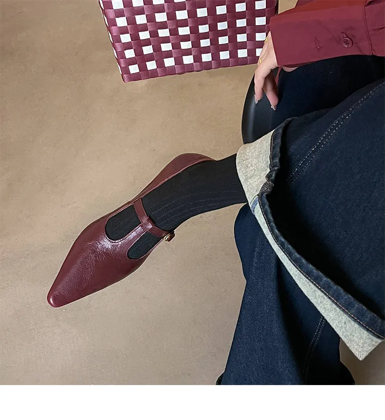Retro burgundy spring and autumn T-strap flat Mary Jane shoes, sheepskin pointed toe low heel single shoes for women