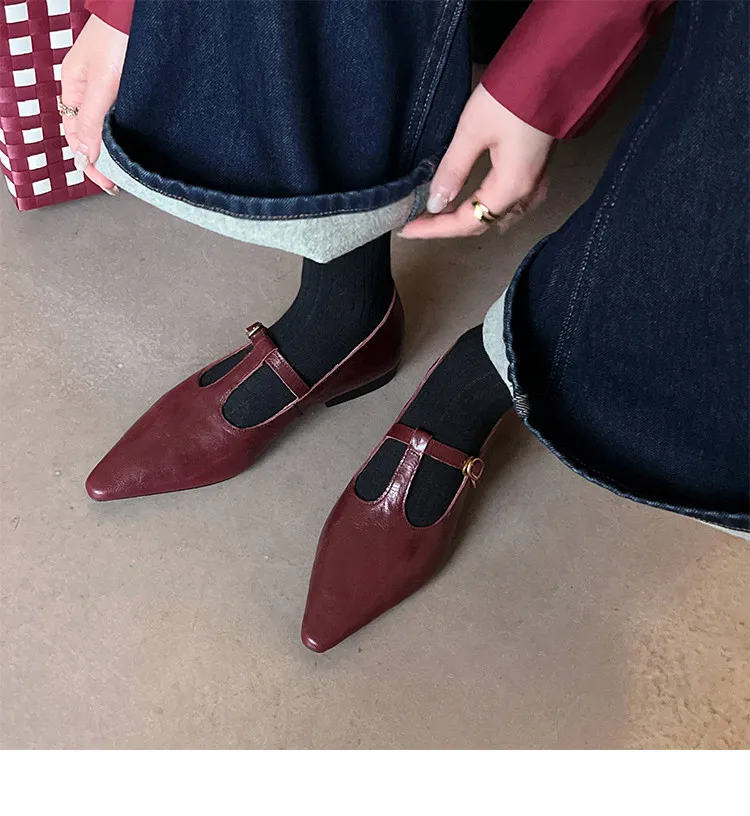 Retro burgundy spring and autumn T-strap flat Mary Jane shoes, sheepskin pointed toe low heel single shoes for women