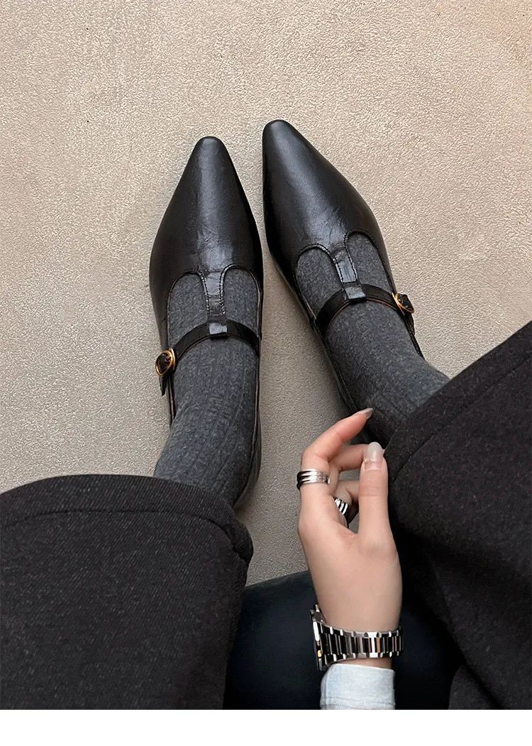 Retro burgundy spring and autumn T-strap flat Mary Jane shoes, sheepskin pointed toe low heel single shoes for women