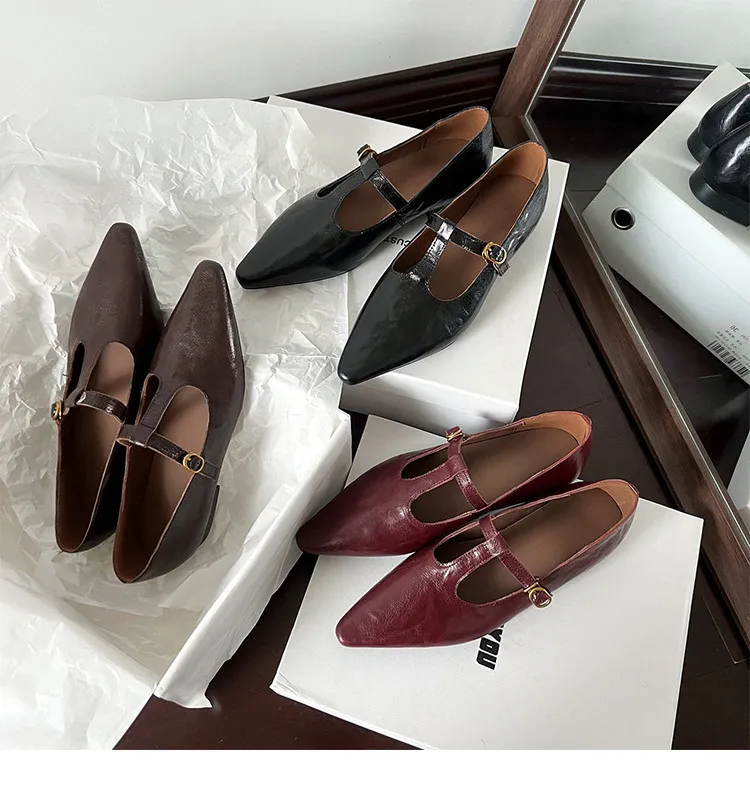 Retro burgundy spring and autumn T-strap flat Mary Jane shoes, sheepskin pointed toe low heel single shoes for women