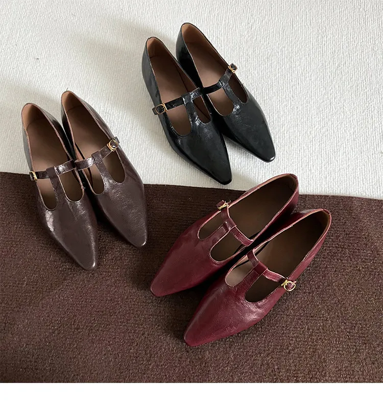 Retro burgundy spring and autumn T-strap flat Mary Jane shoes, sheepskin pointed toe low heel single shoes for women
