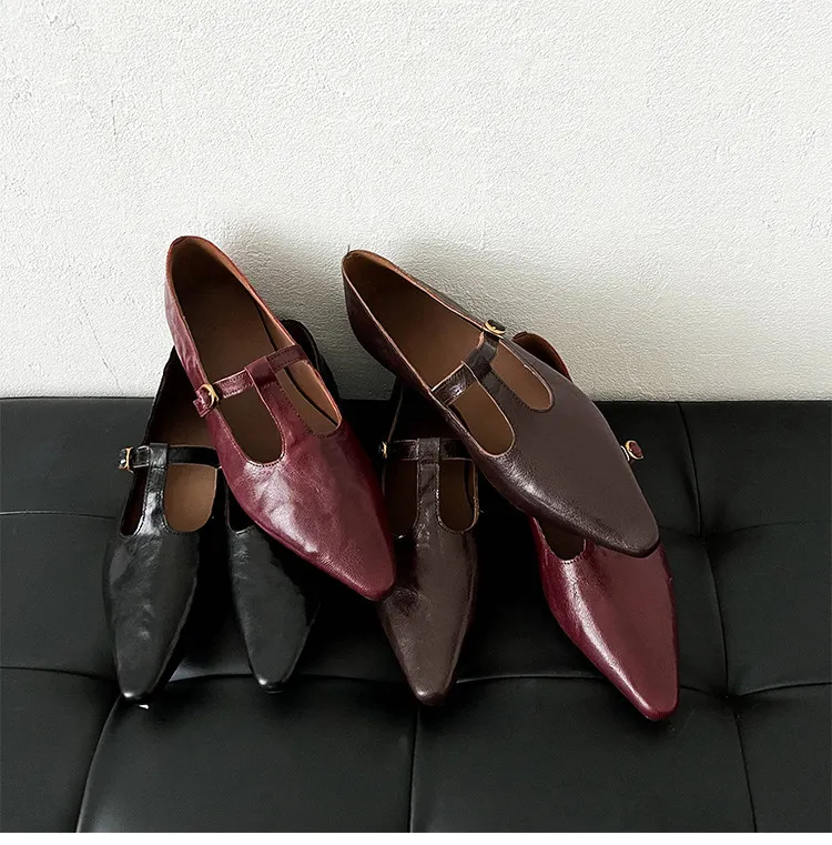 Retro burgundy spring and autumn T-strap flat Mary Jane shoes, sheepskin pointed toe low heel single shoes for women