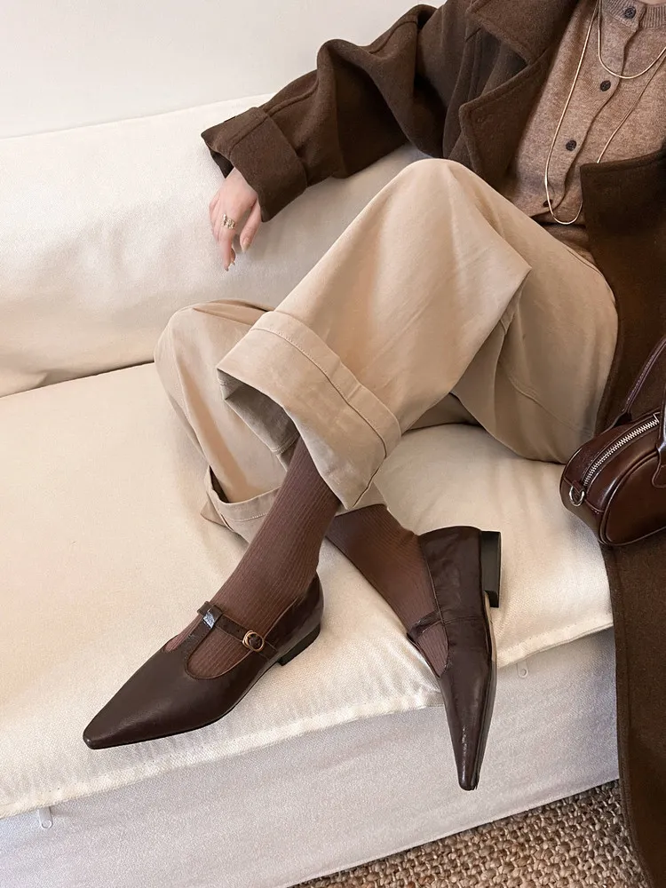 Retro burgundy spring and autumn T-strap flat Mary Jane shoes, sheepskin pointed toe low heel single shoes for women