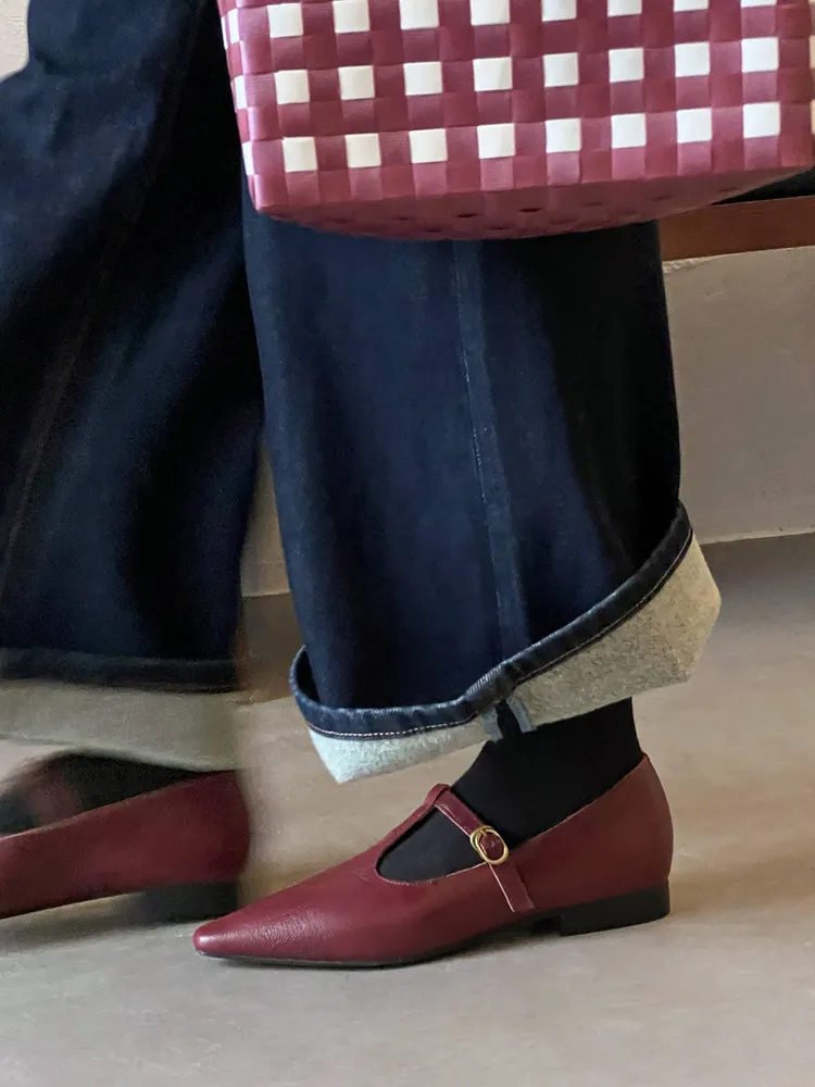 Retro burgundy spring and autumn T-strap flat Mary Jane shoes, sheepskin pointed toe low heel single shoes for women