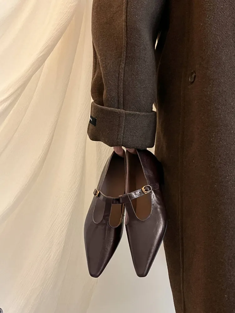 Retro burgundy spring and autumn T-strap flat Mary Jane shoes, sheepskin pointed toe low heel single shoes for women