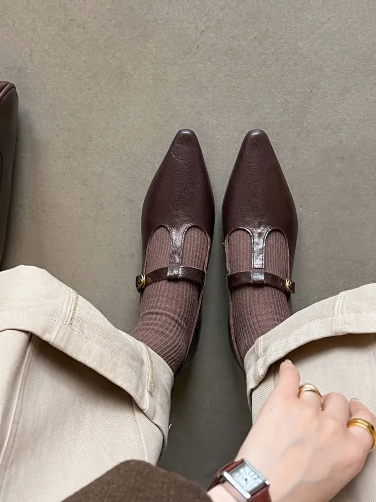 Retro burgundy spring and autumn T-strap flat Mary Jane shoes, sheepskin pointed toe low heel single shoes for women