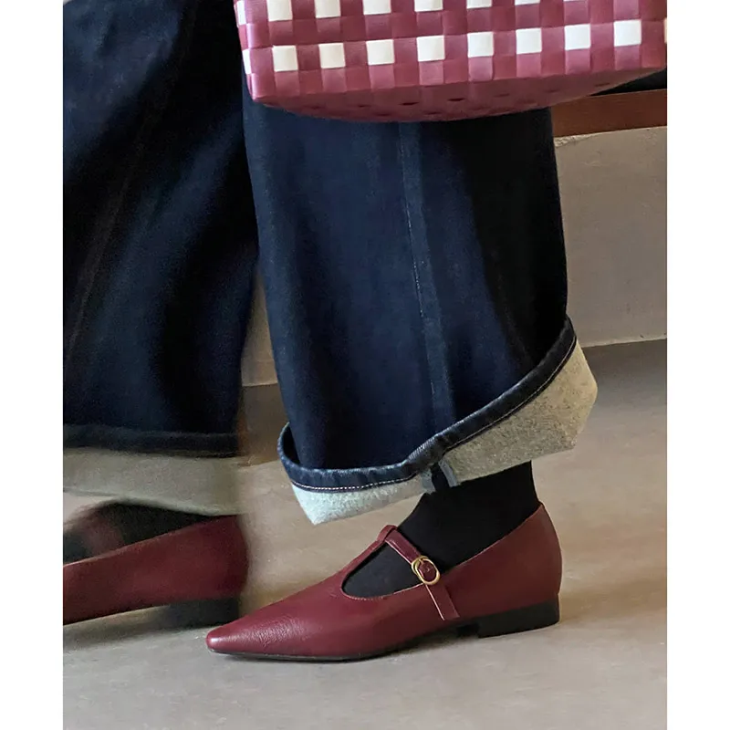Retro burgundy spring and autumn T-strap flat Mary Jane shoes, sheepskin pointed toe low heel single shoes for women