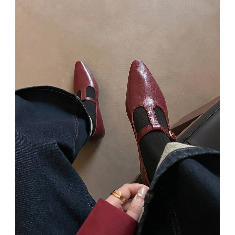 Retro burgundy spring and autumn T-strap flat Mary Jane shoes, sheepskin pointed toe low heel single shoes for women