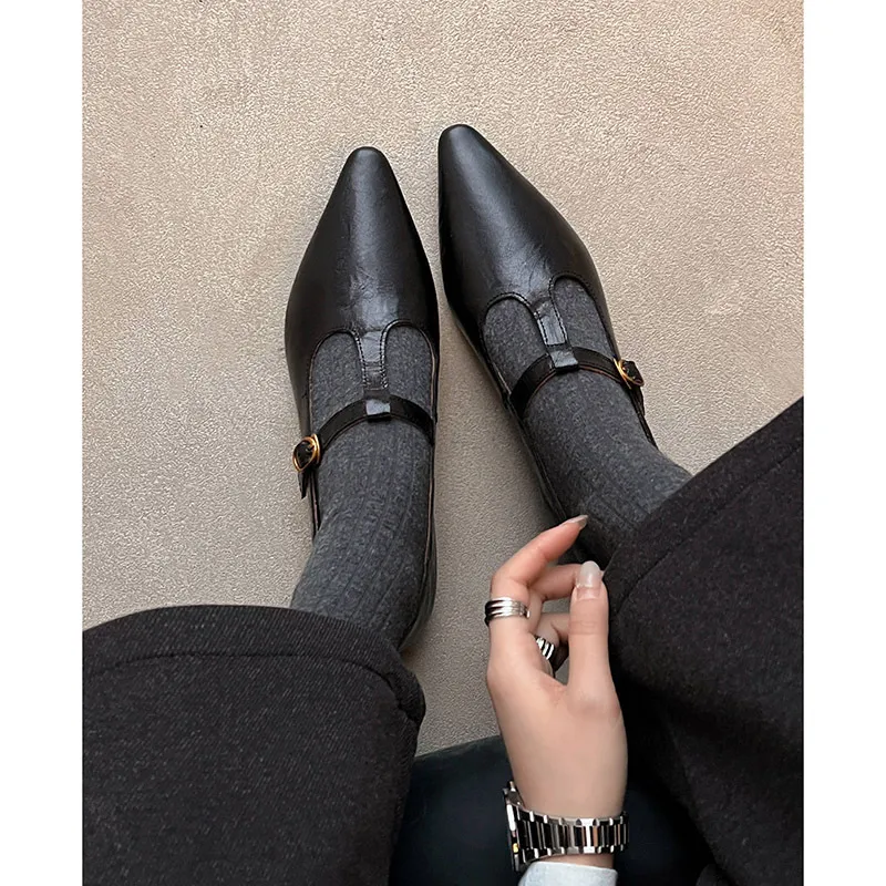 Retro burgundy spring and autumn T-strap flat Mary Jane shoes, sheepskin pointed toe low heel single shoes for women