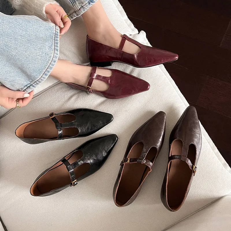 Retro burgundy spring and autumn T-strap flat Mary Jane shoes, sheepskin pointed toe low heel single shoes for women