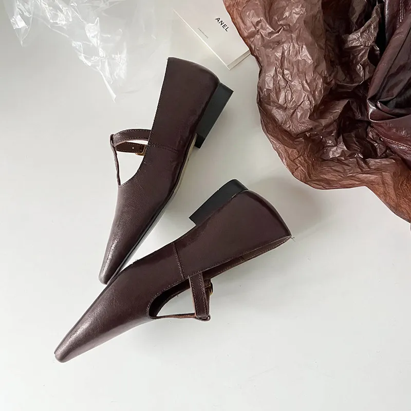 Retro burgundy spring and autumn T-strap flat Mary Jane shoes, sheepskin pointed toe low heel single shoes for women