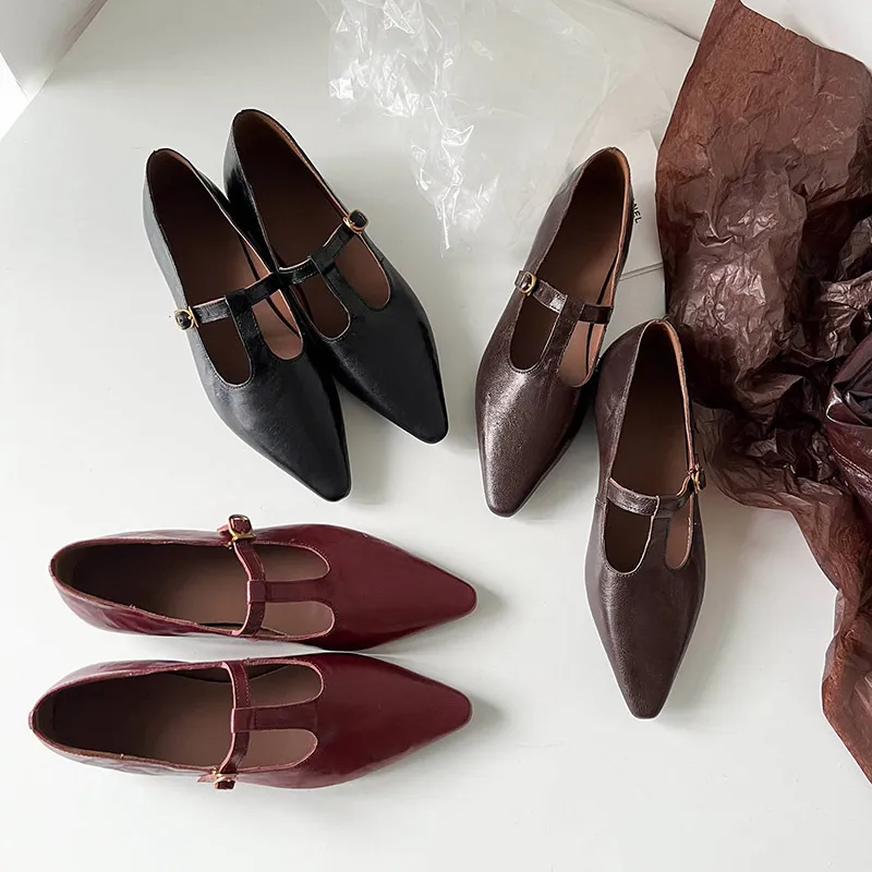 Retro burgundy spring and autumn T-strap flat Mary Jane shoes, sheepskin pointed toe low heel single shoes for women
