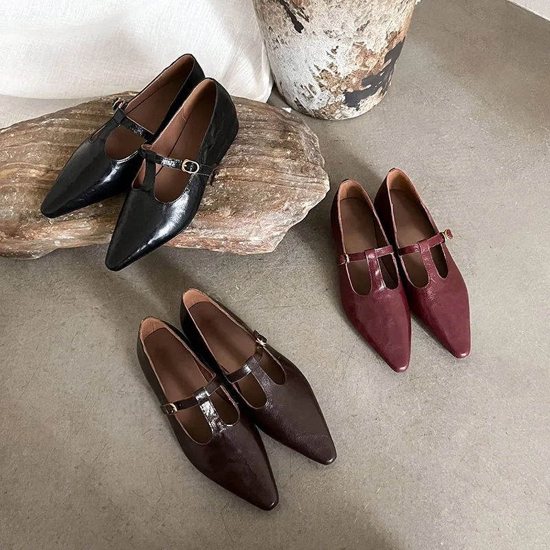 Retro burgundy spring and autumn T-strap flat Mary Jane shoes, sheepskin pointed toe low heel single shoes for women