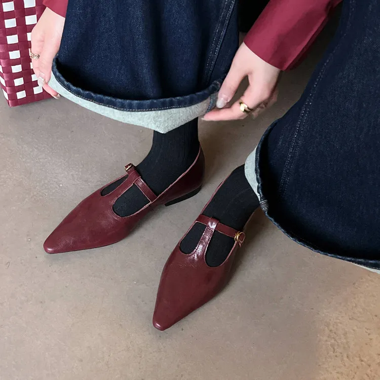 Retro burgundy spring and autumn T-strap flat Mary Jane shoes, sheepskin pointed toe low heel single shoes for women