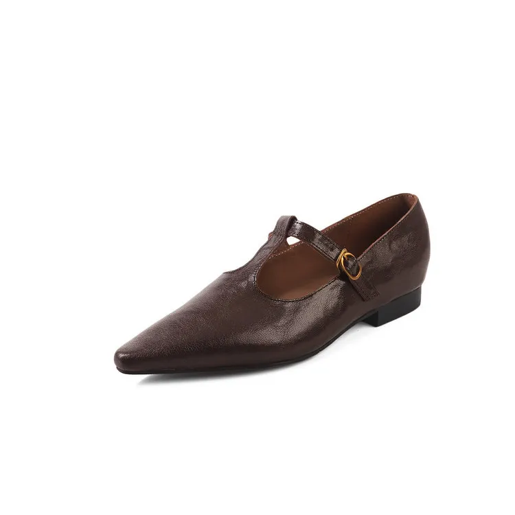 Retro burgundy spring and autumn T-strap flat Mary Jane shoes, sheepskin pointed toe low heel single shoes for women