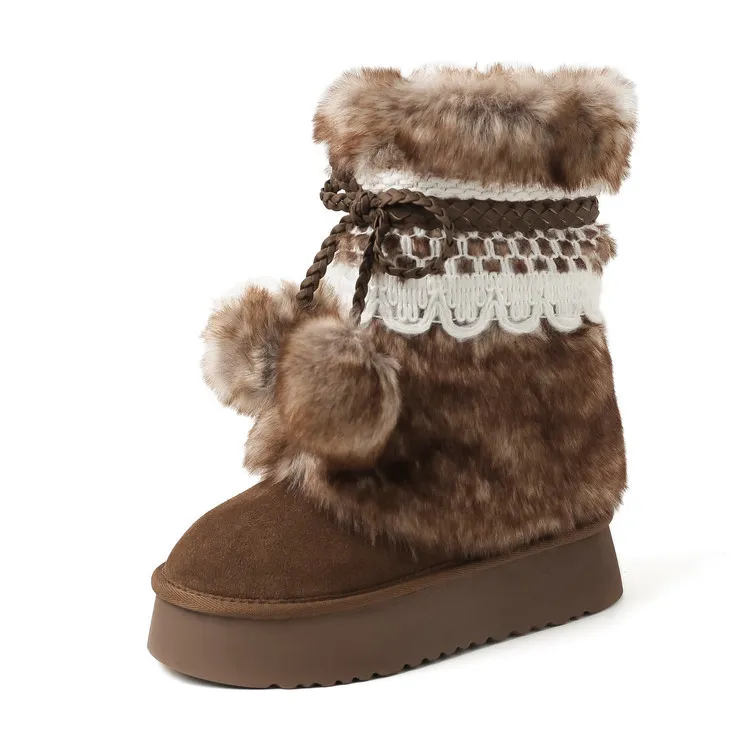 Winter super warm thick-soled snow boots, color-blocked bow comfortable women's boots, brown and gray, 10-30h